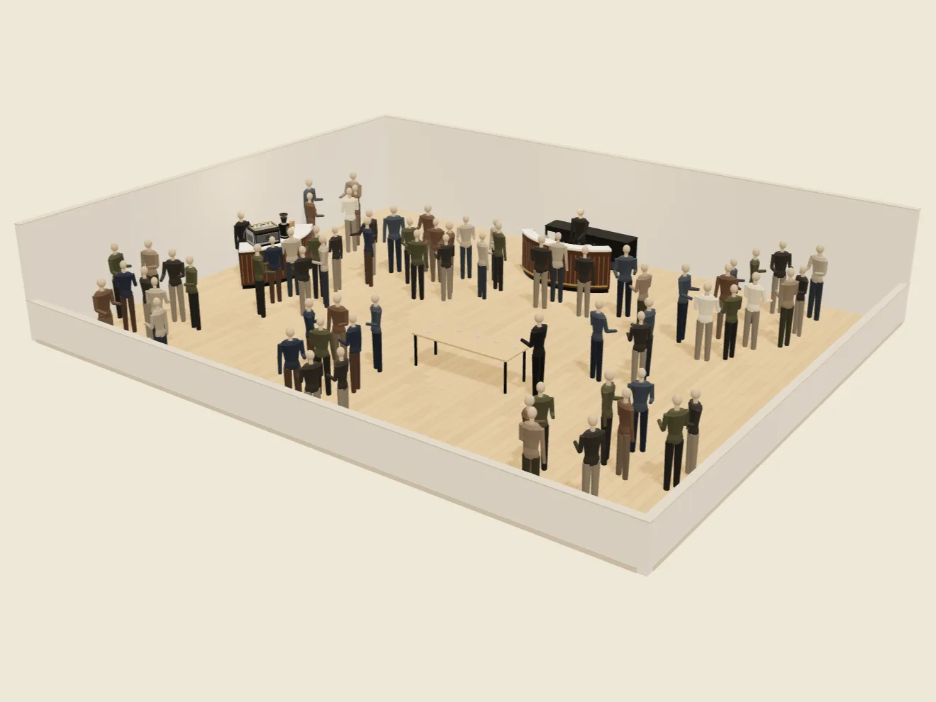 Axis event visualiser showing a planned event with curved cocktail and coffee bars, staff and guests.