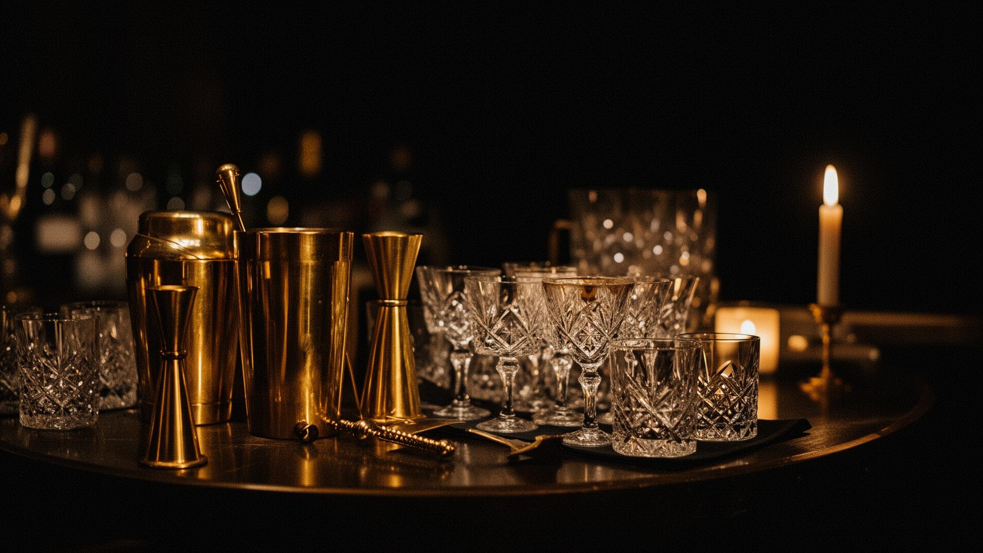 Brass bar tools and crystal glassware in candlelight